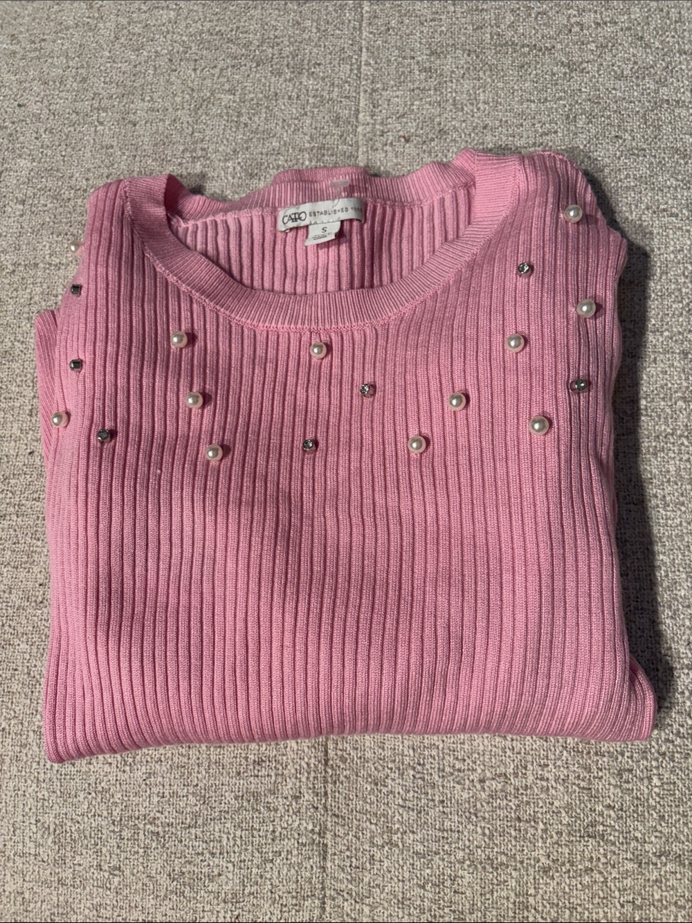 Cato Pink Ribbed Crewneck Sweater with Pearl & Rhinestone Embellishments